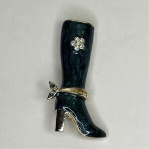 Premier Designs Enamel Silver Tone Stiletto Boot Brooch Blue Rhinestone Flower